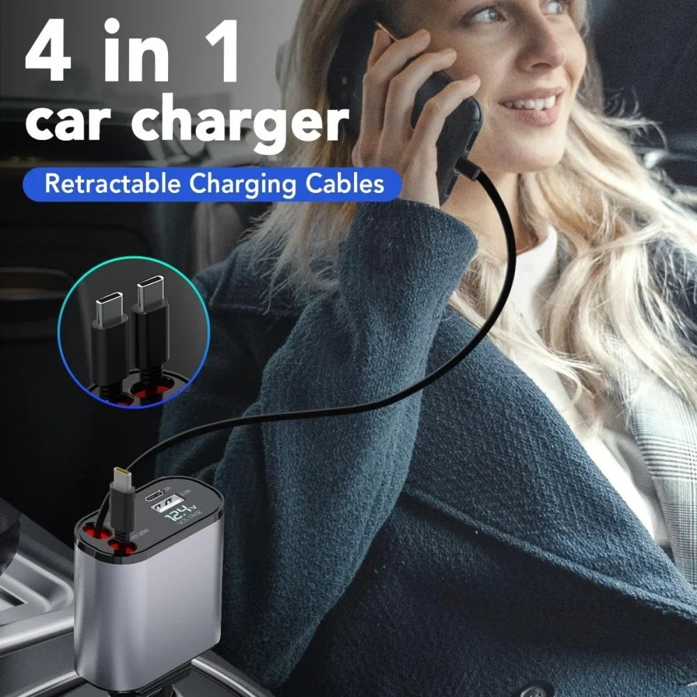 VoltRush™ 4-in-1 Retractable Car Charger – Fast Power, Zero Clutter